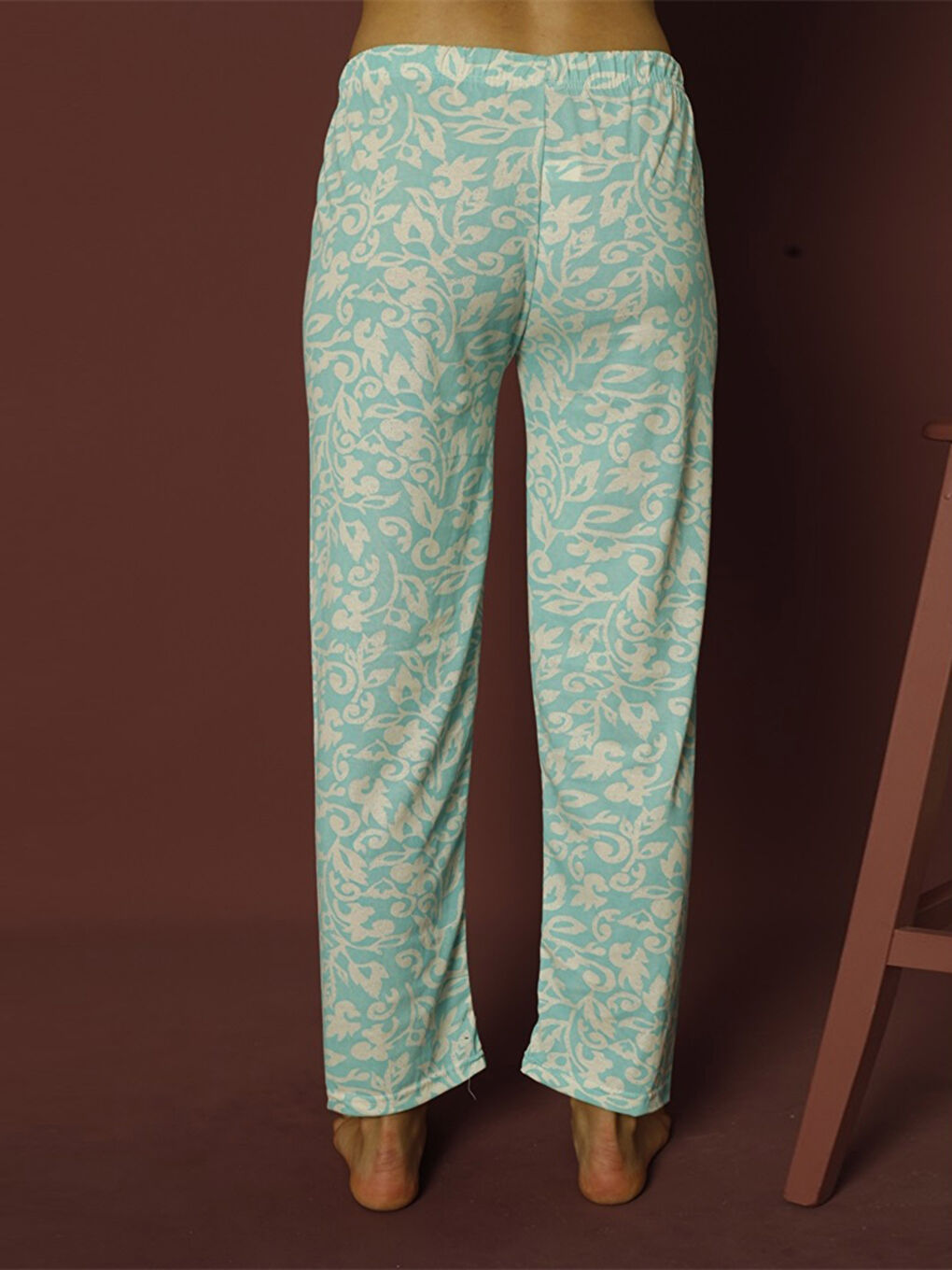 Mavi Beli Lastikli Baskılı Kadın Pijama Alt-4