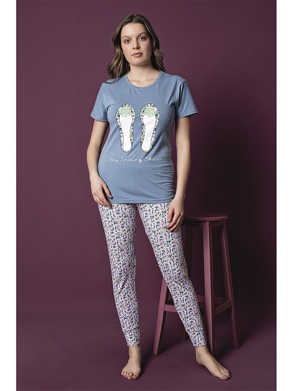 Mavi Bisiklet Yaka Baskılı Kadın Pijama Takımı