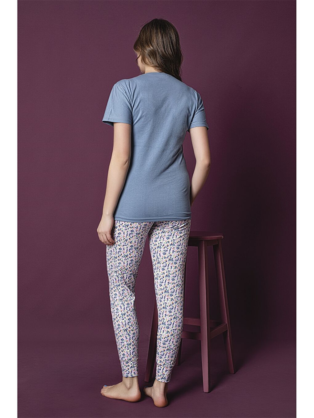 Mavi Bisiklet Yaka Baskılı Kadın Pijama Takımı-1