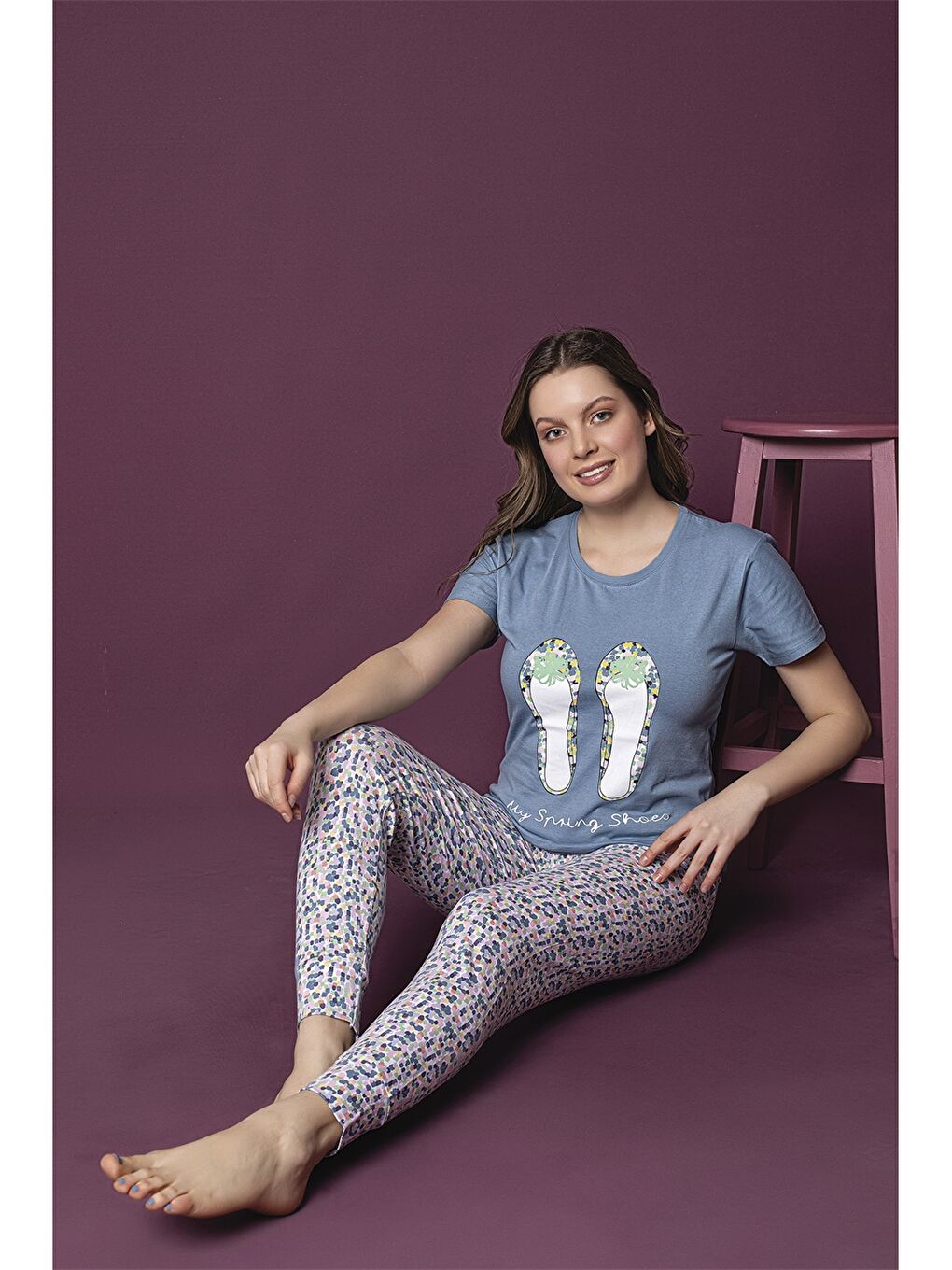 Mavi Bisiklet Yaka Baskılı Kadın Pijama Takımı-2