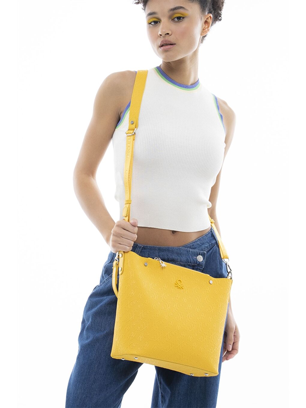 Sarı Deri Görünümlü Baskılı Kadın Omuz Çantası-1