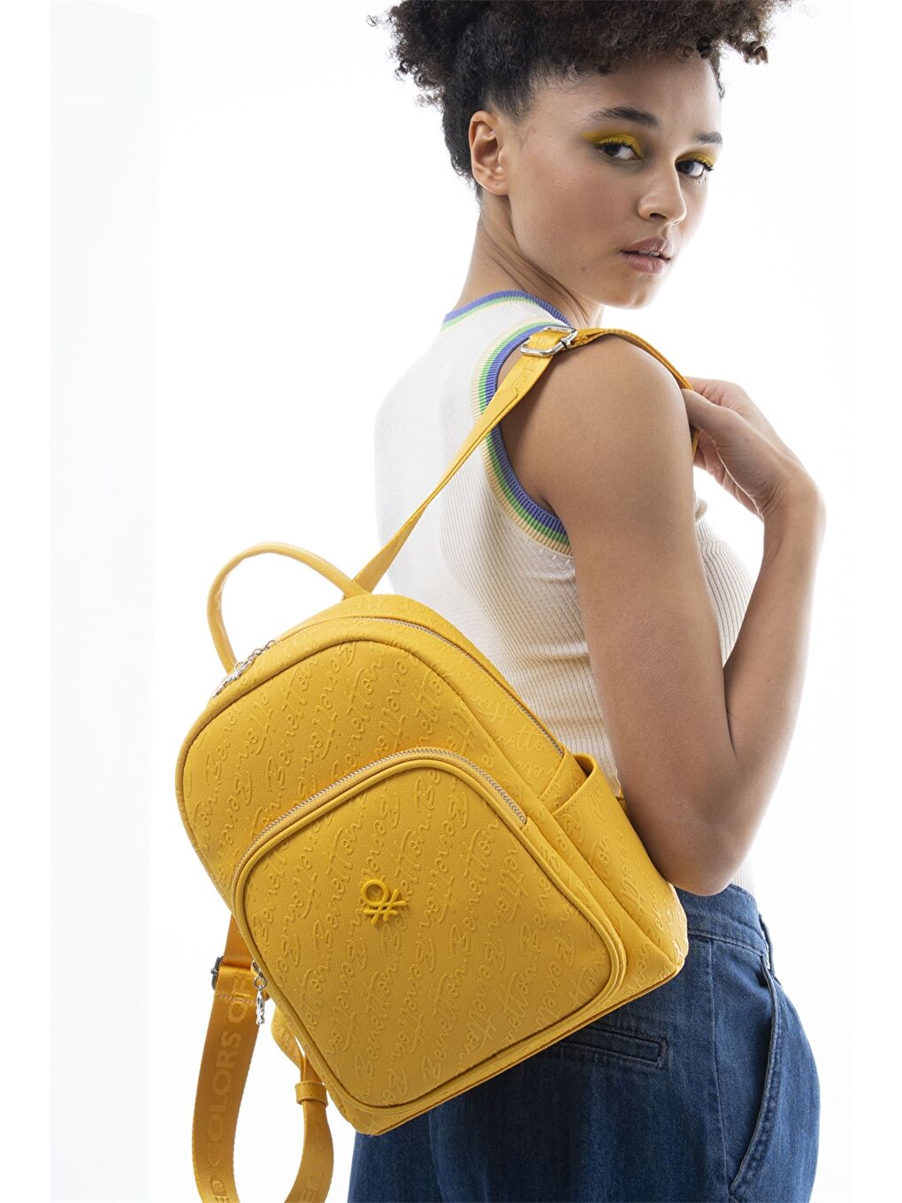 Sarı Deri Görünümlü Baskılı Kadın Sırt Çantası