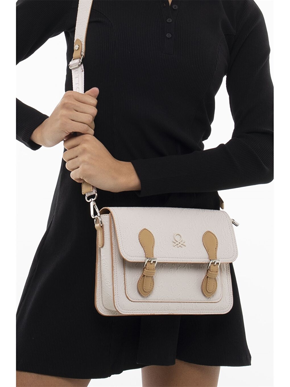 Bej Deri Görünümlü Baskılı Kadın Çapraz Çanta