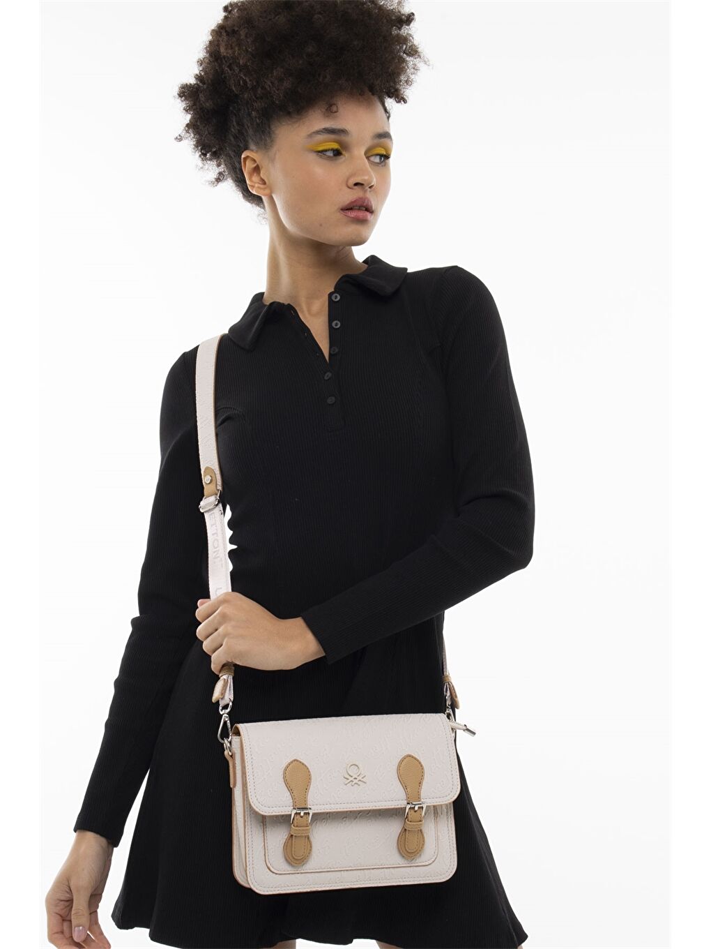 Bej Deri Görünümlü Baskılı Kadın Çapraz Çanta-1