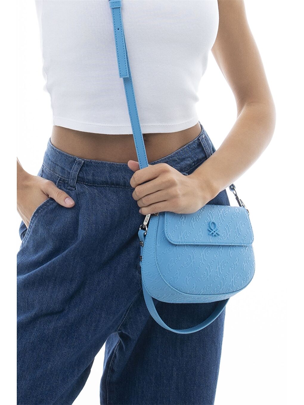 Mavi Deri Görünümlü Baskılı Kadın Omuz Çantası-1