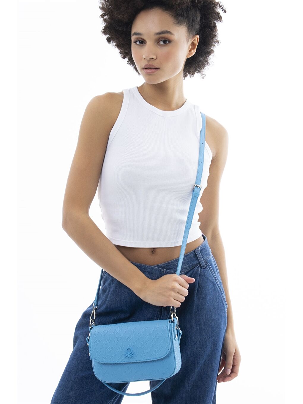 Mavi Deri Görünümlü Baskılı Kadın Omuz Çantası-1