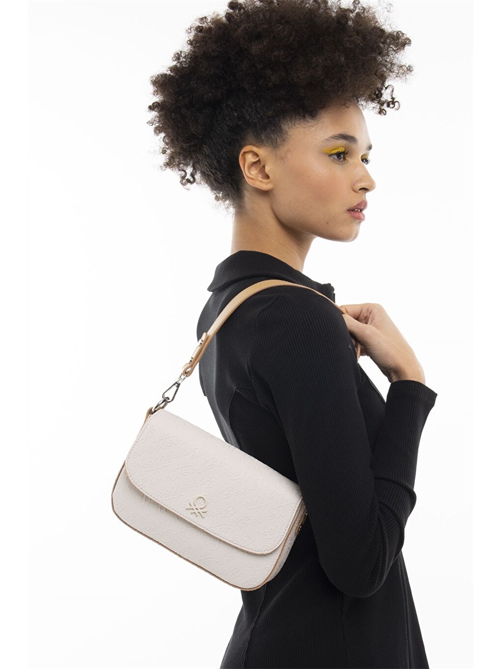 Bej Deri Görünümlü Baskılı Kadın Omuz Çantası