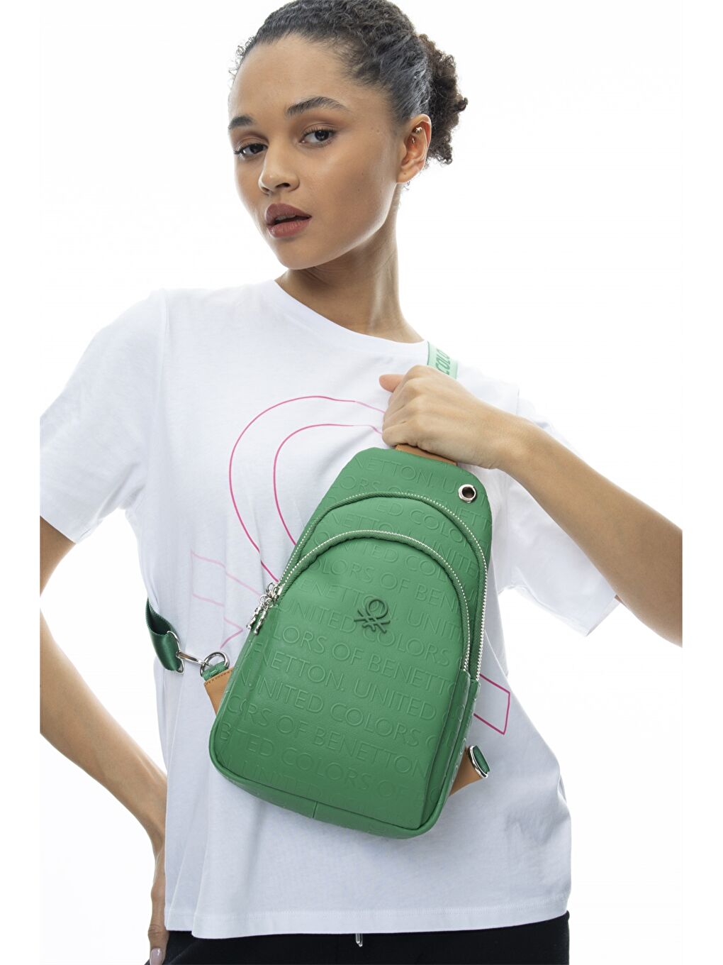 Yeşil Deri Görünümlü Baskılı Kadın Göğüs Çantası-1