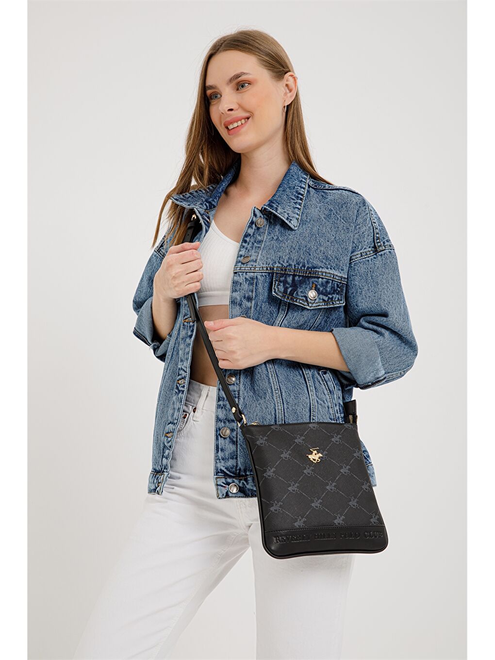 Siyah Deri Görünümlü Baskılı Kadın Omuz Çantası