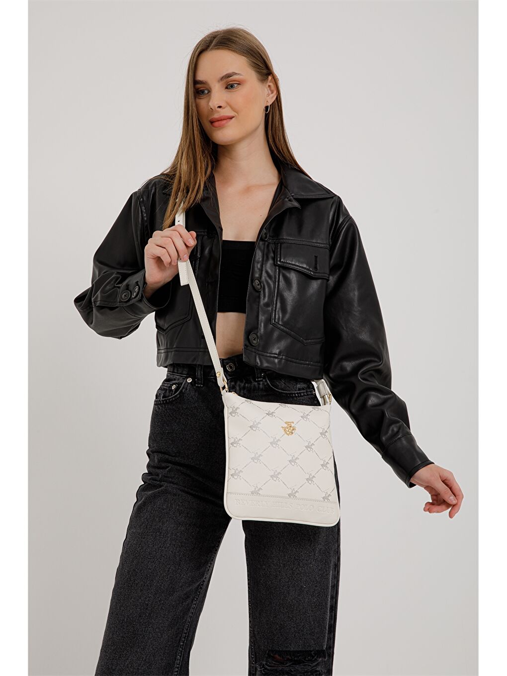 Beyaz Deri Görünümlü Baskılı Kadın Omuz Çantası