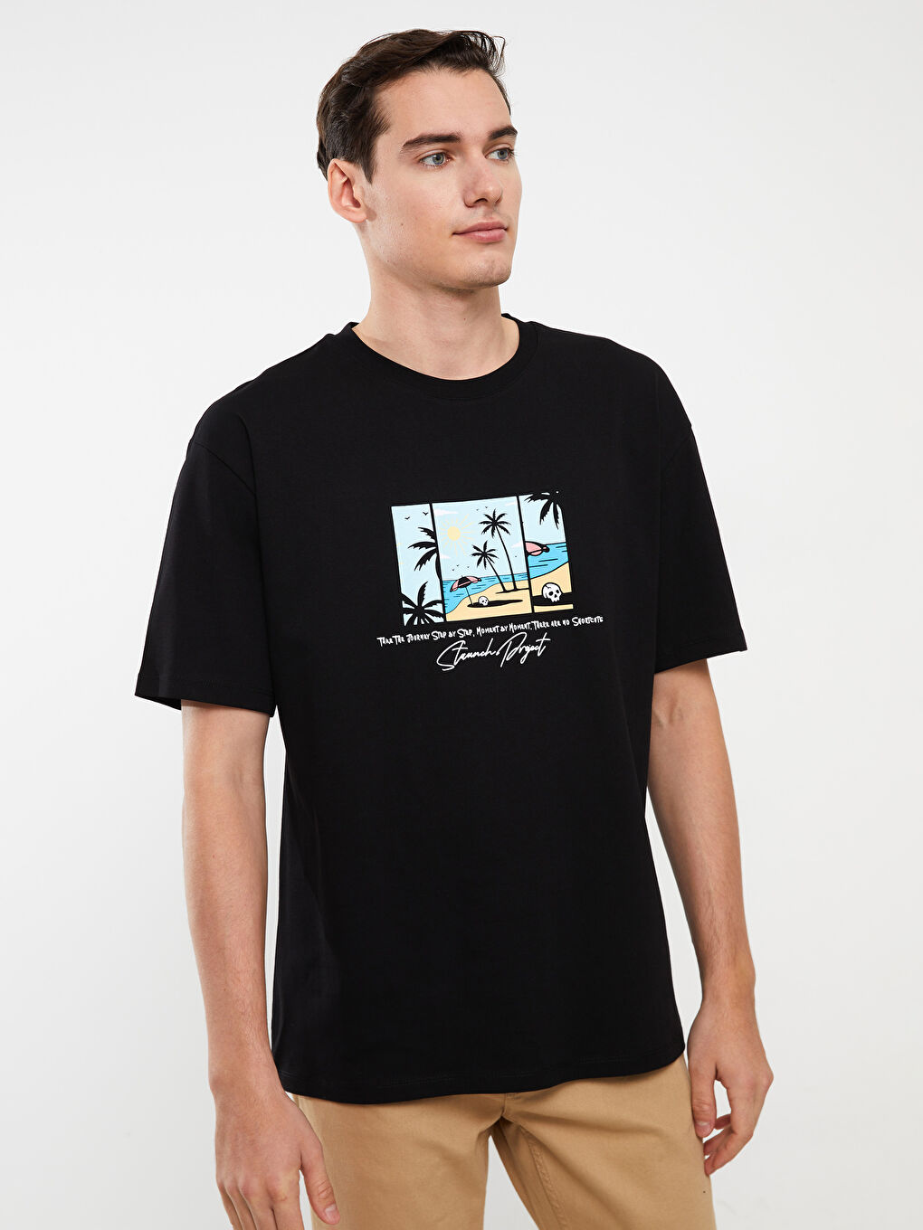 Siyah Bisiklet Yaka Kısa Kollu Baskılı Penye Erkek Tişört-2