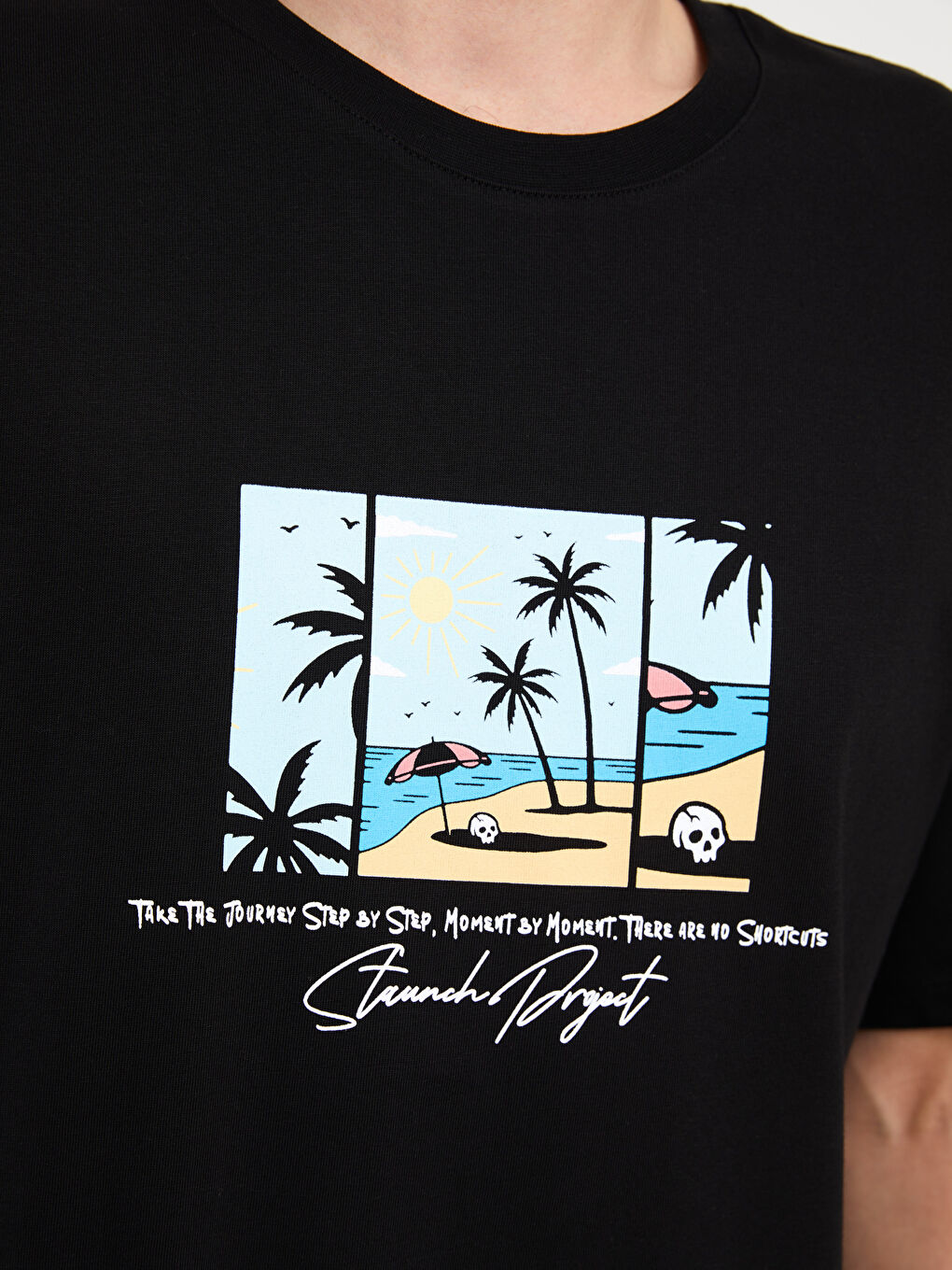 Siyah Bisiklet Yaka Kısa Kollu Baskılı Penye Erkek Tişört-3