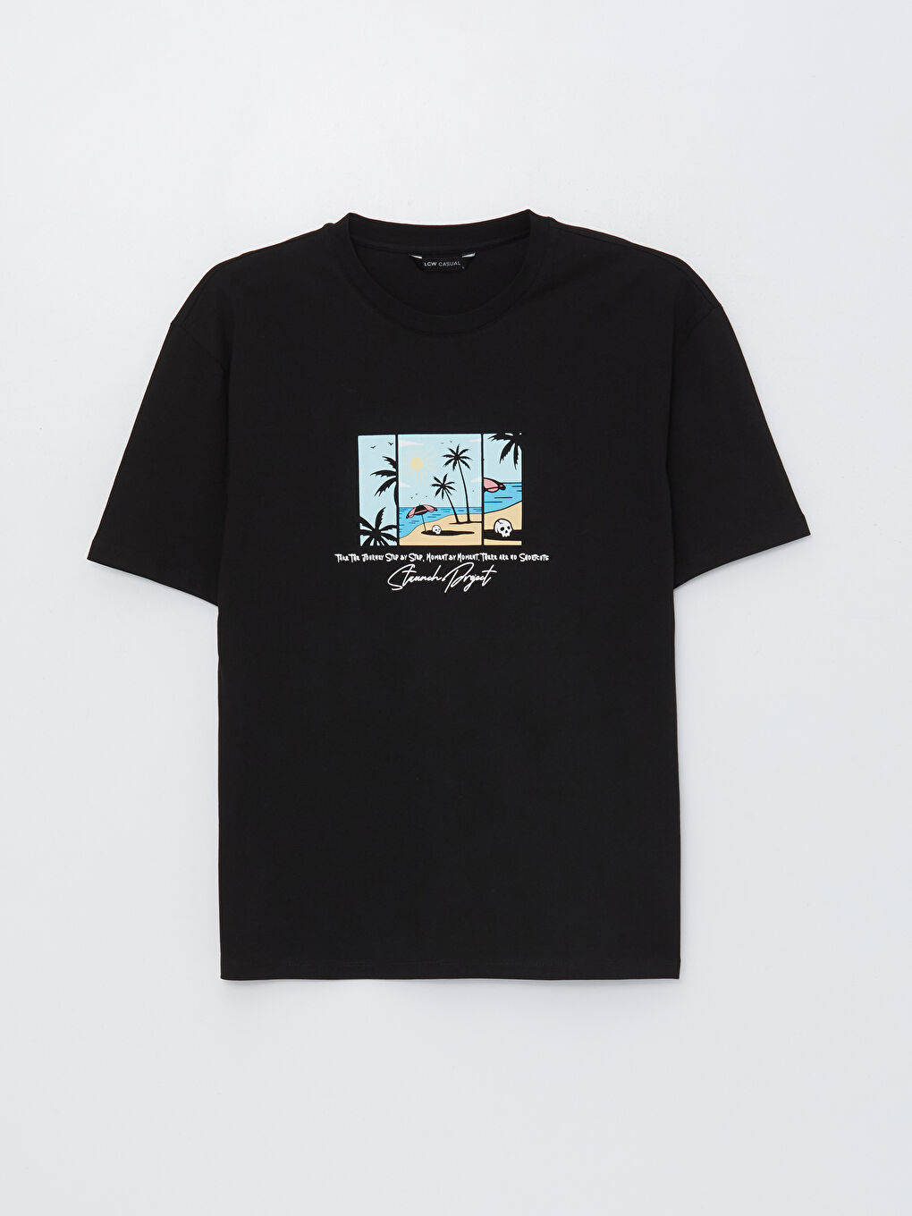 Siyah Bisiklet Yaka Kısa Kollu Baskılı Penye Erkek Tişört-5