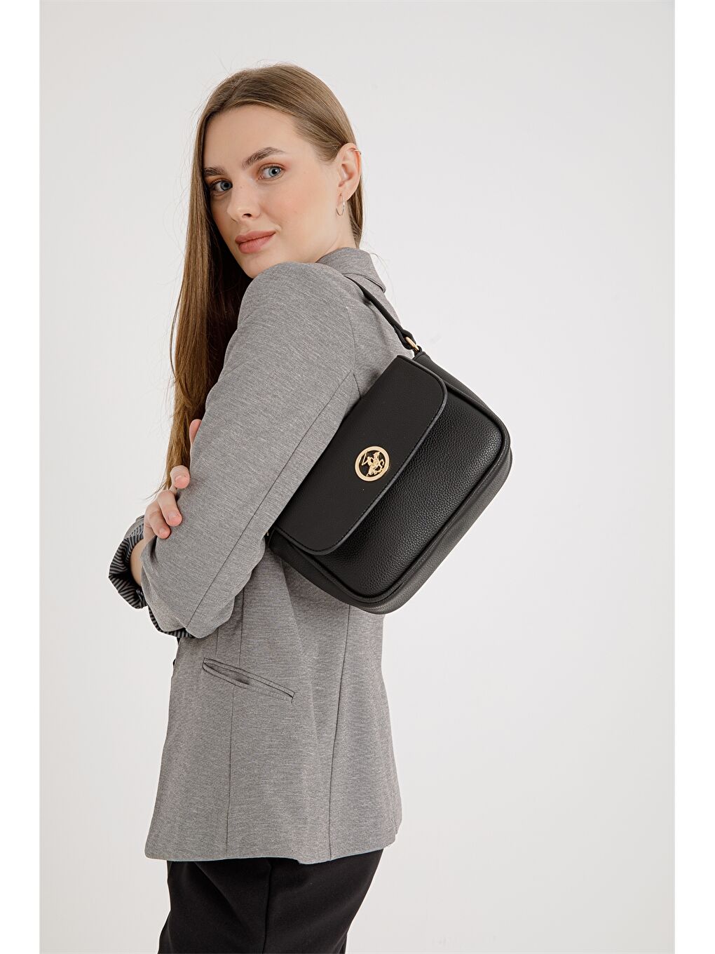 Siyah Deri Görünümlü Baskılı Kadın Kol Çantası