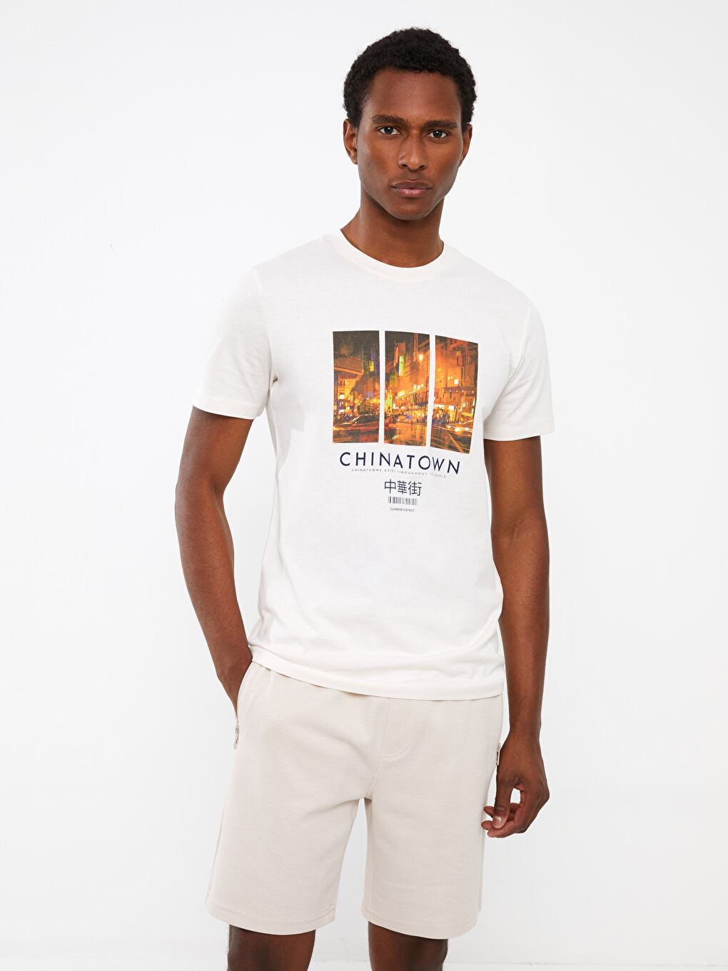 Gri Bisiklet Yaka Kısa Kollu Baskılı Penye Erkek Tişört