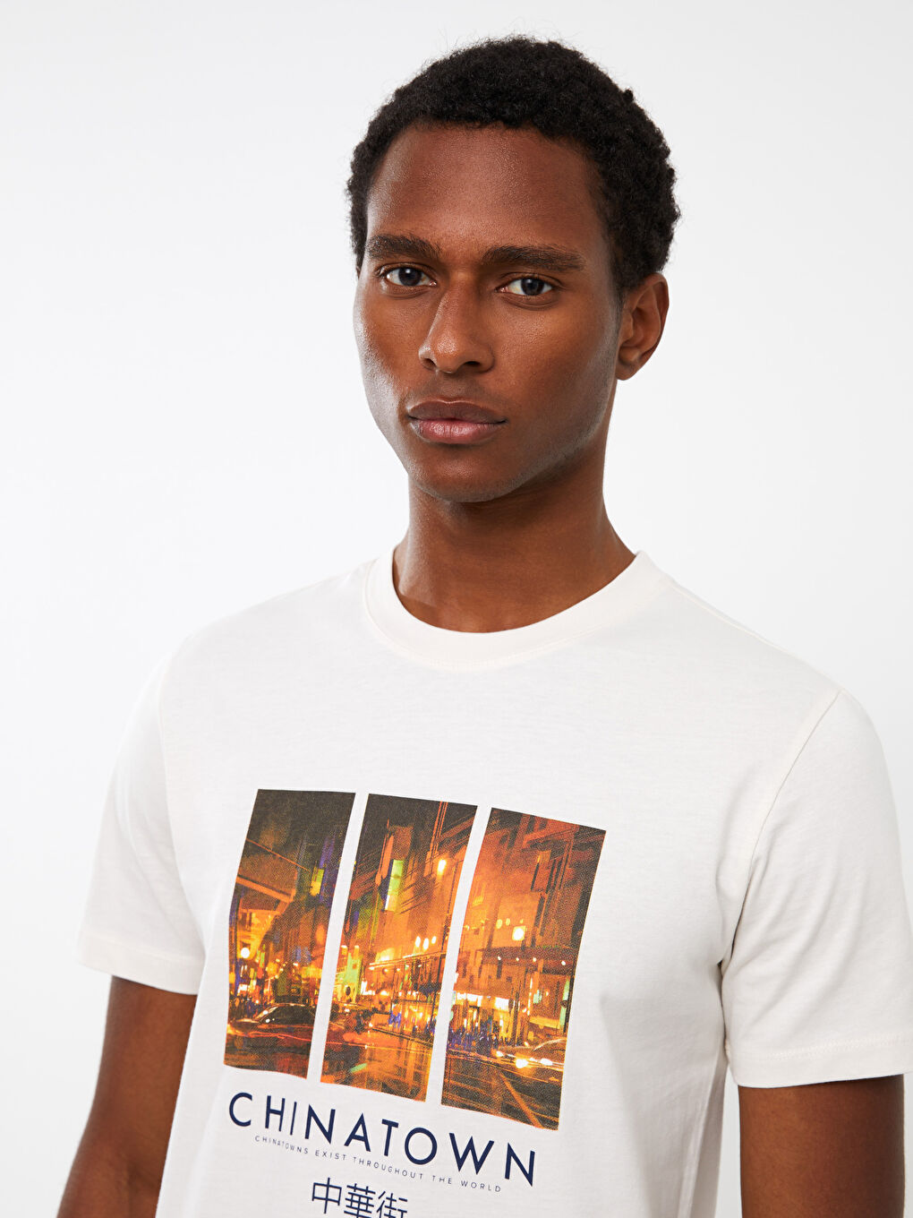 Gri Bisiklet Yaka Kısa Kollu Baskılı Penye Erkek Tişört-2