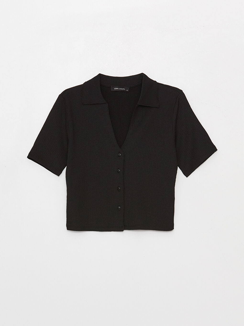 Siyah Gömlek Yaka Düz Kısa Kollu Kadın Bluz-5