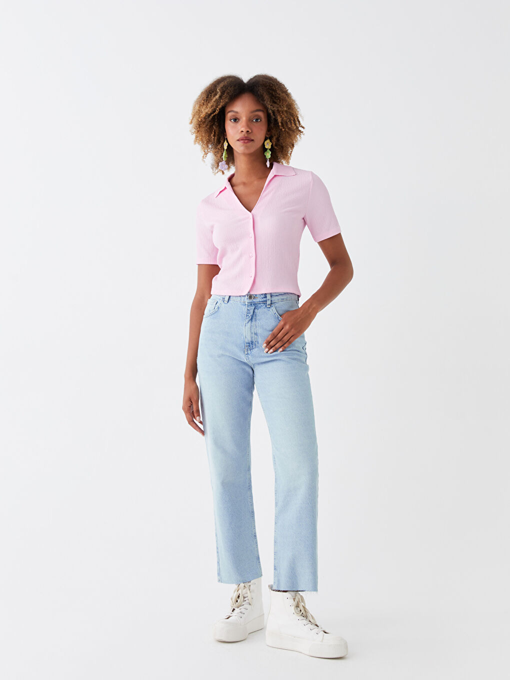 Pembe Gömlek Yaka Düz Kısa Kollu Kadın Bluz-1