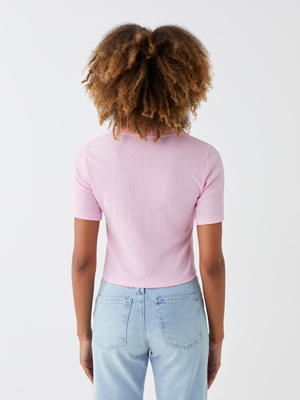 Pembe Gömlek Yaka Düz Kısa Kollu Kadın Bluz-4