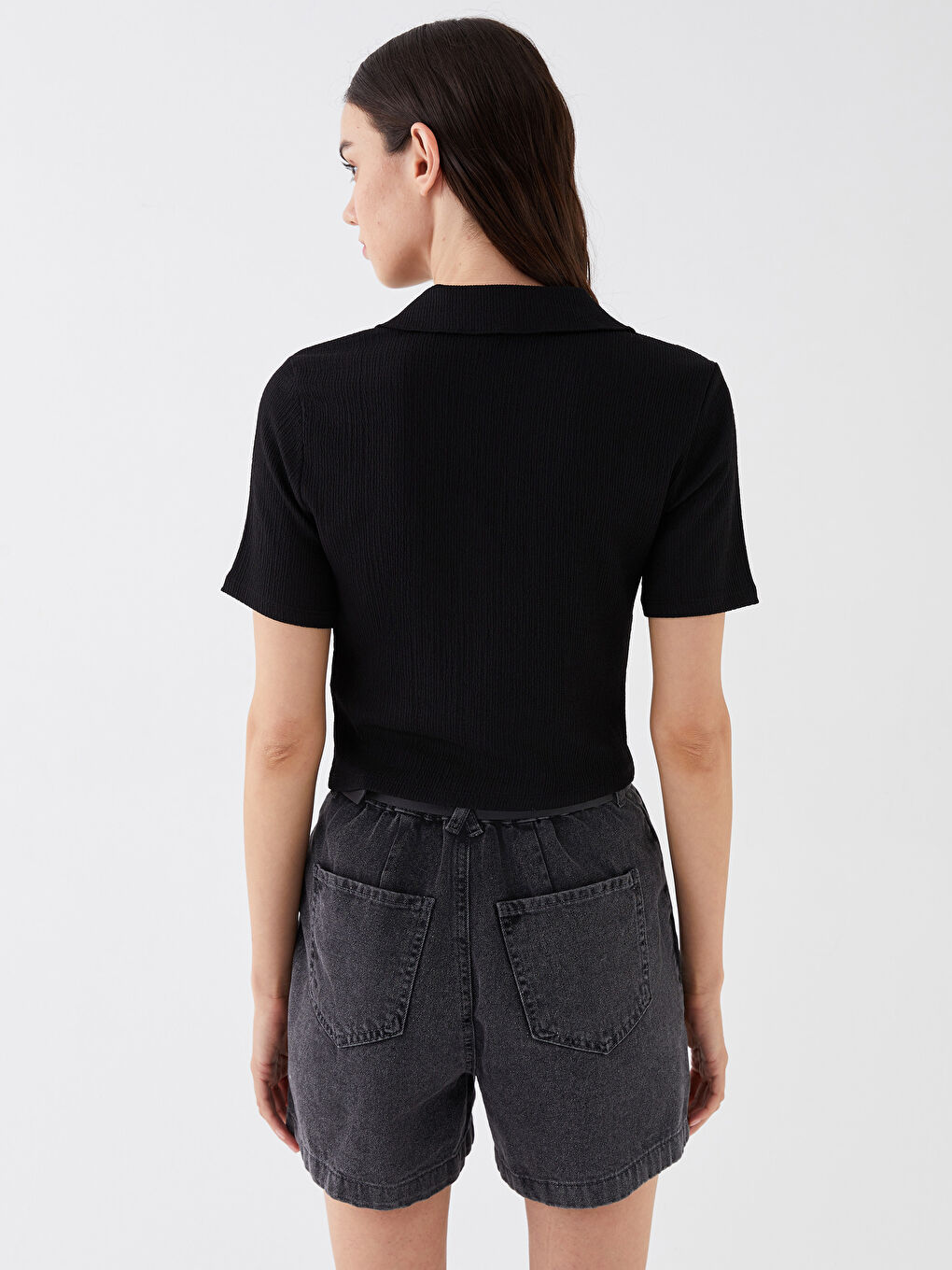 Siyah Gömlek Yaka Düz Kısa Kollu Kadın Bluz-4