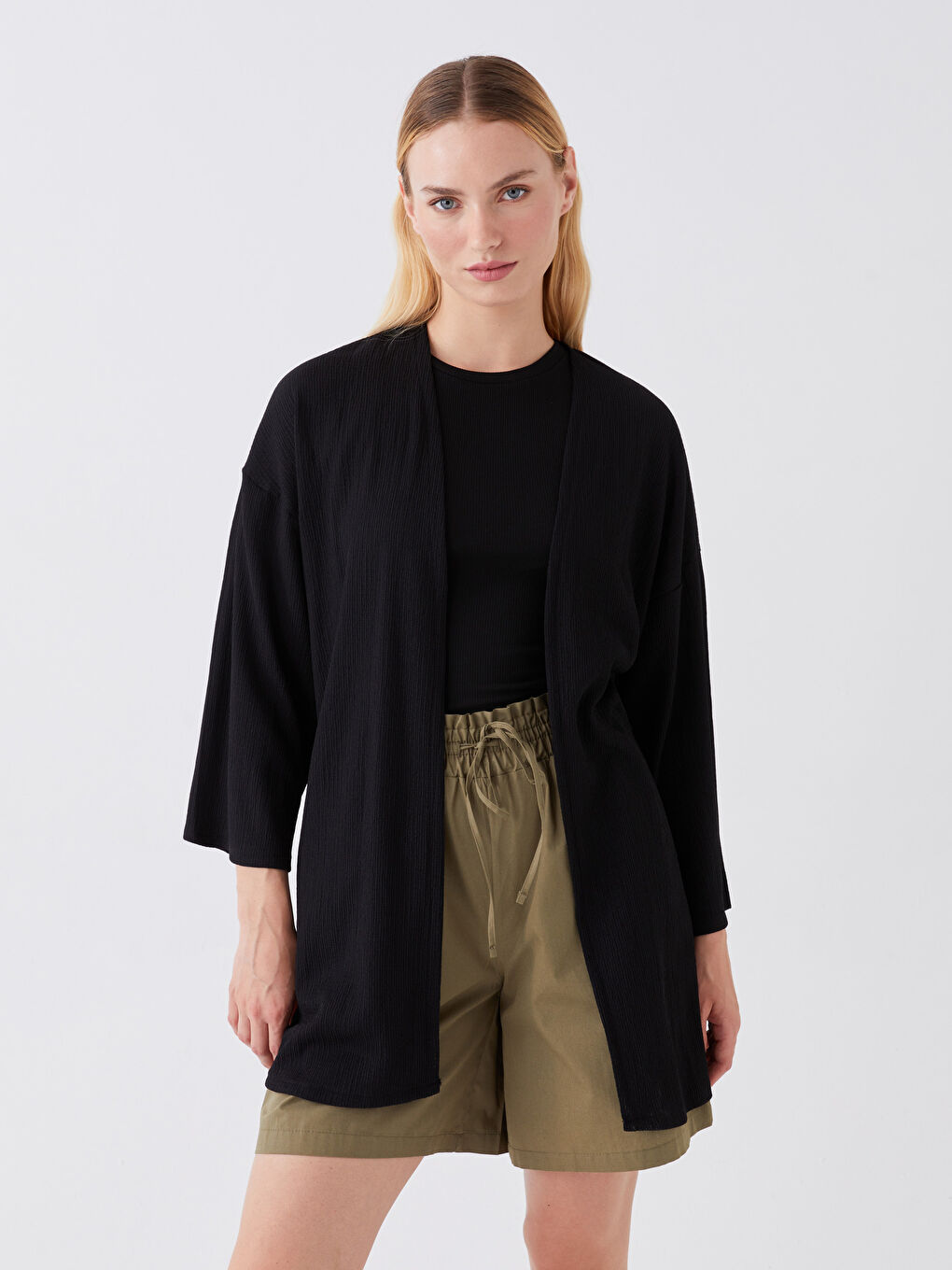 Siyah Şal Yaka Düz Uzun Kollu Kadın Hırka-1