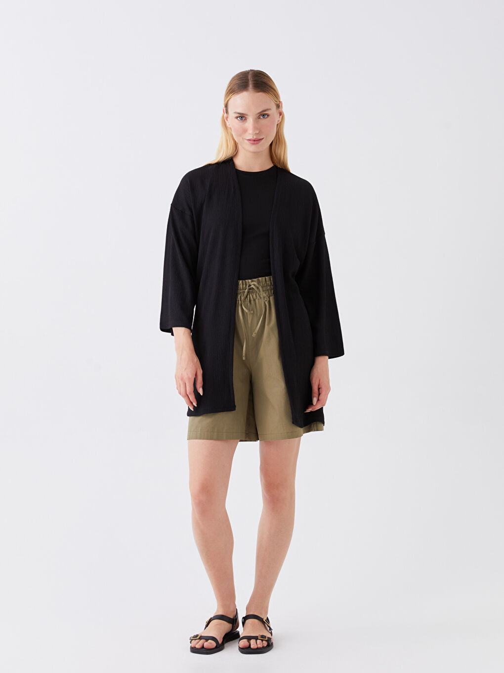 Siyah Şal Yaka Düz Uzun Kollu Kadın Hırka-2