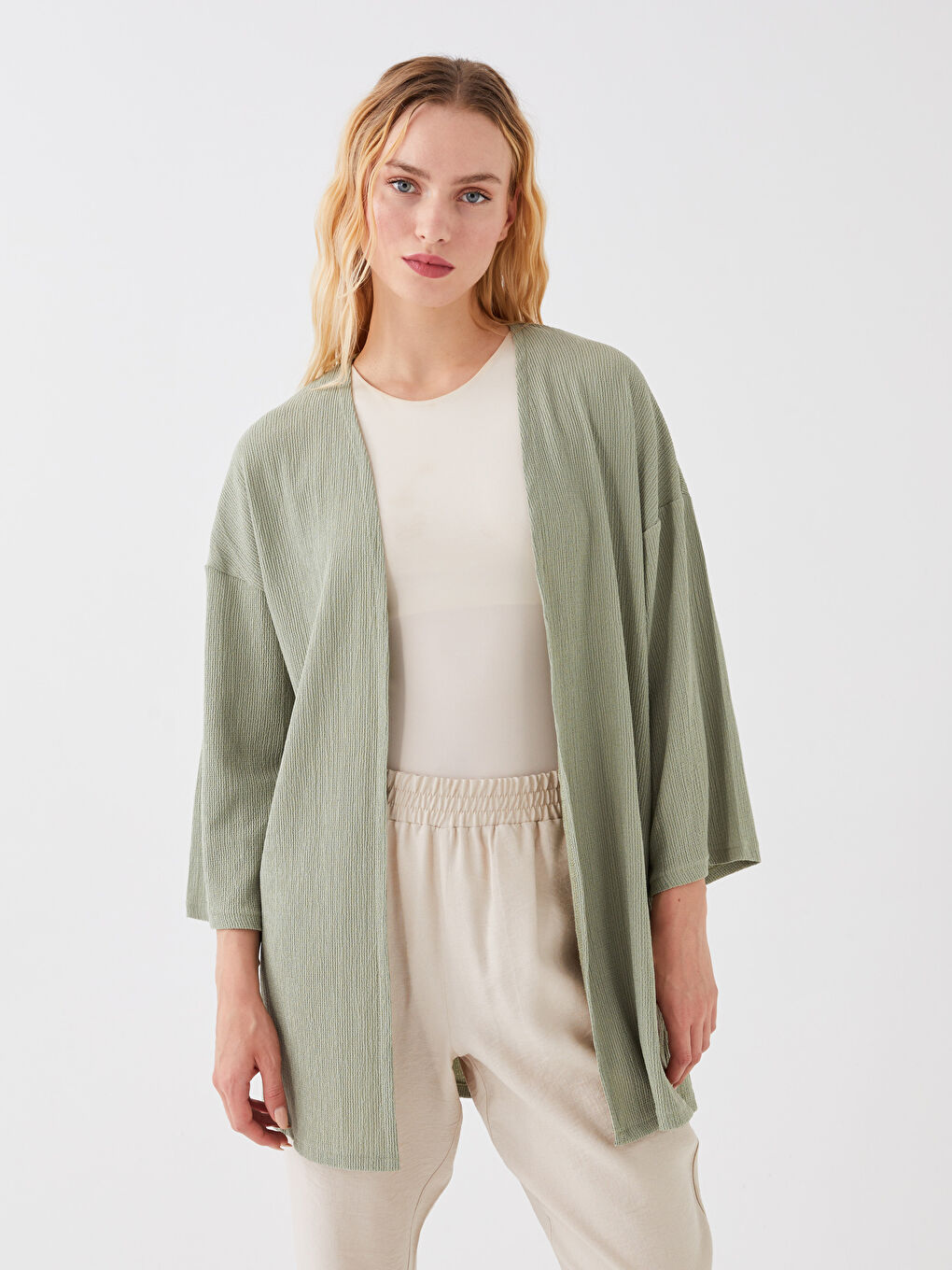 Yeşil Şal Yaka Düz Uzun Kollu Kadın Hırka