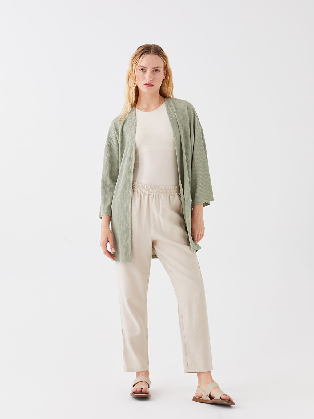 Yeşil Şal Yaka Düz Uzun Kollu Kadın Hırka-1