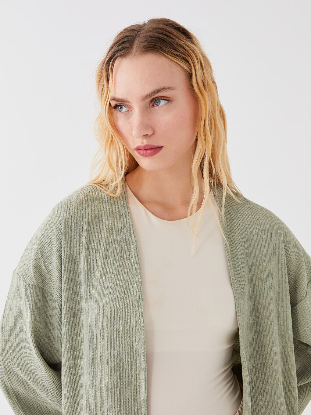 Yeşil Şal Yaka Düz Uzun Kollu Kadın Hırka-2