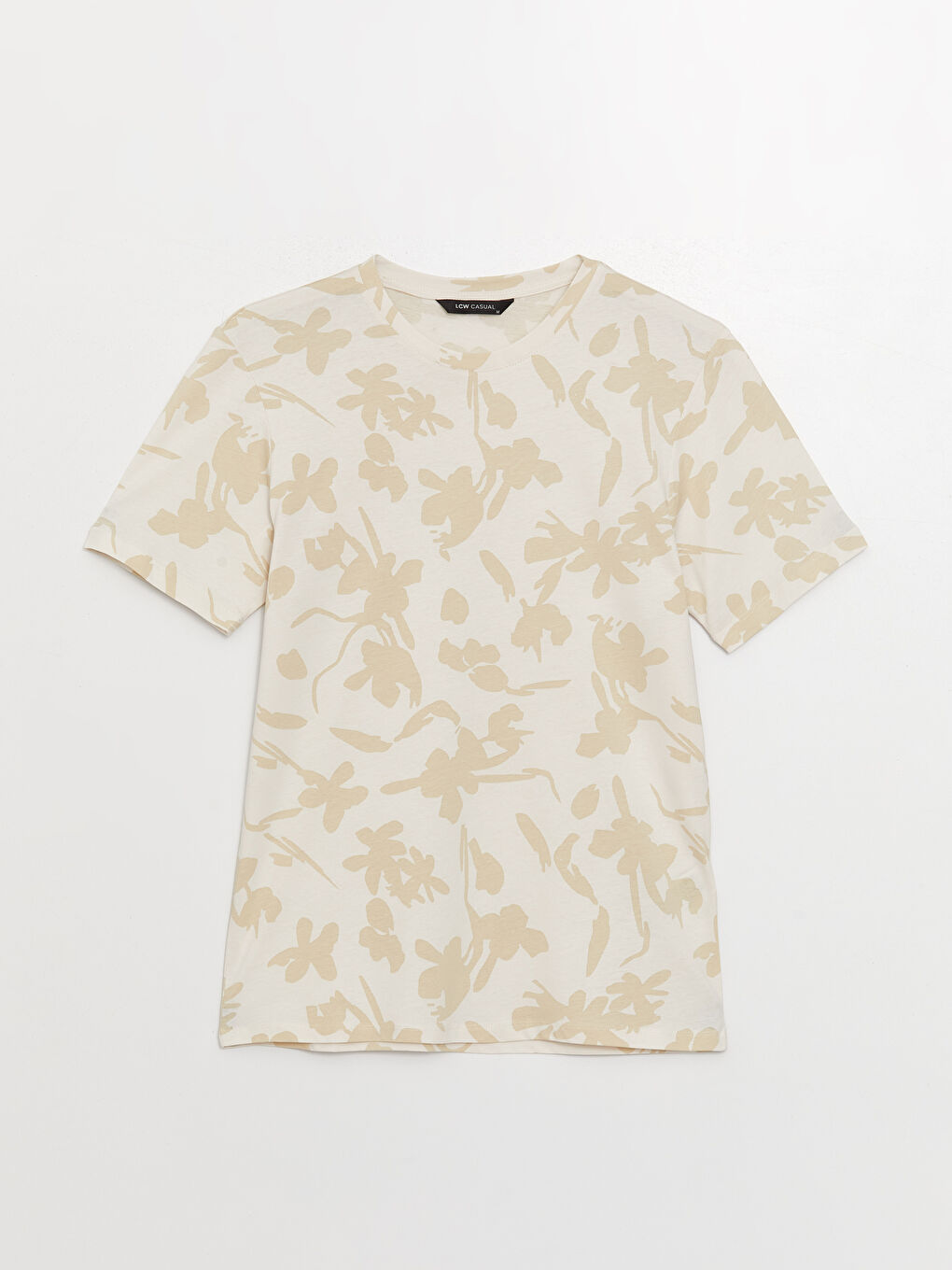 Ekru Bisiklet Yaka Kısa Kollu Desenli Erkek Tişört-5