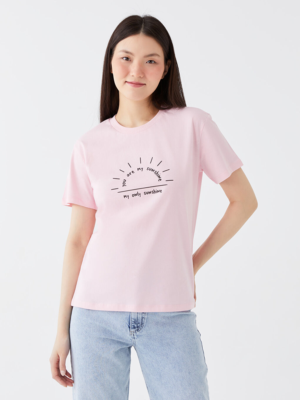 Pembe Bisiklet Yaka Baskılı Kısa Kollu Kadın Tişört