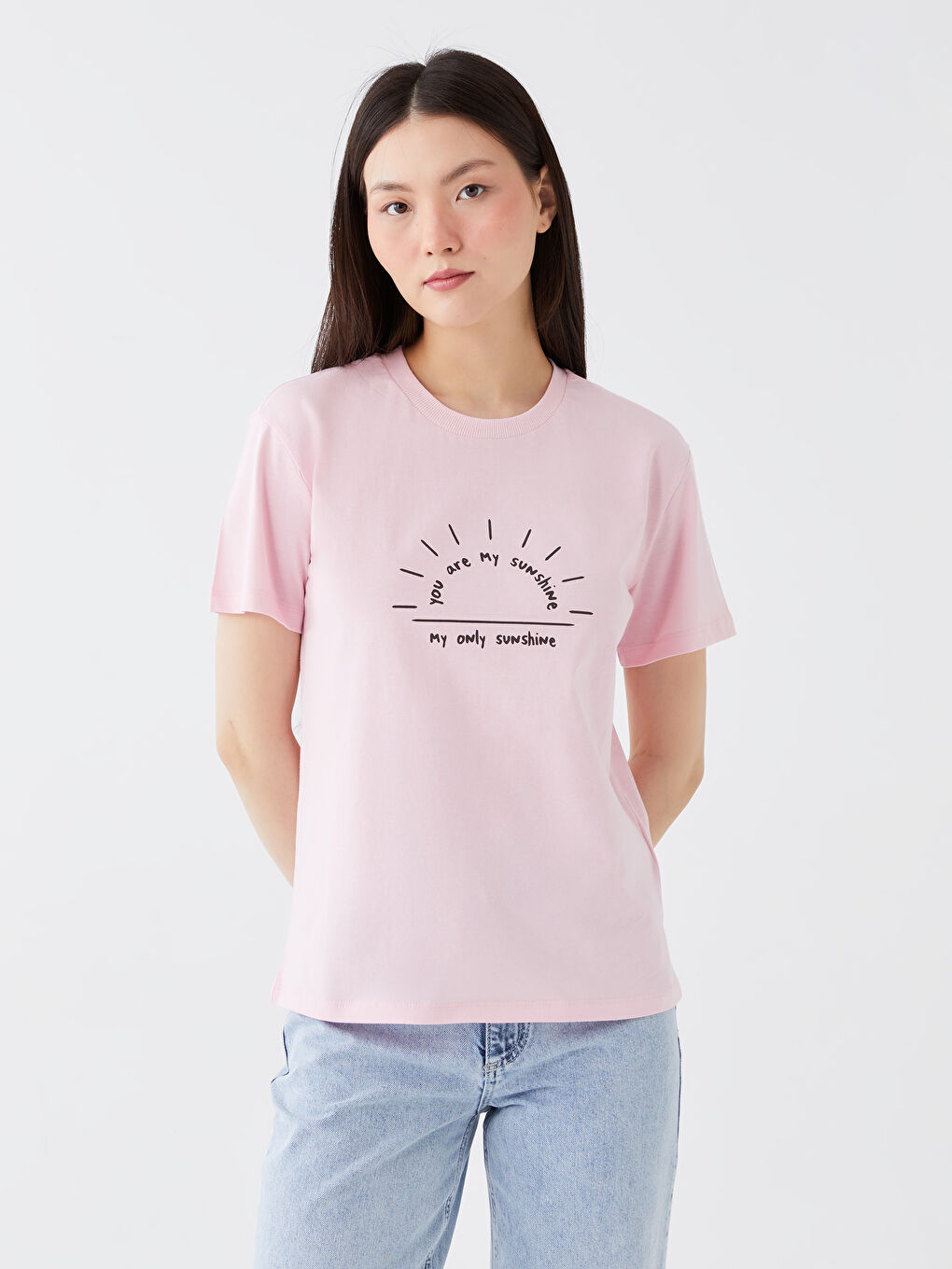 Pembe Bisiklet Yaka Baskılı Kısa Kollu Kadın Tişört-1