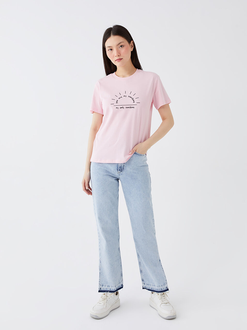 Pembe Bisiklet Yaka Baskılı Kısa Kollu Kadın Tişört-2