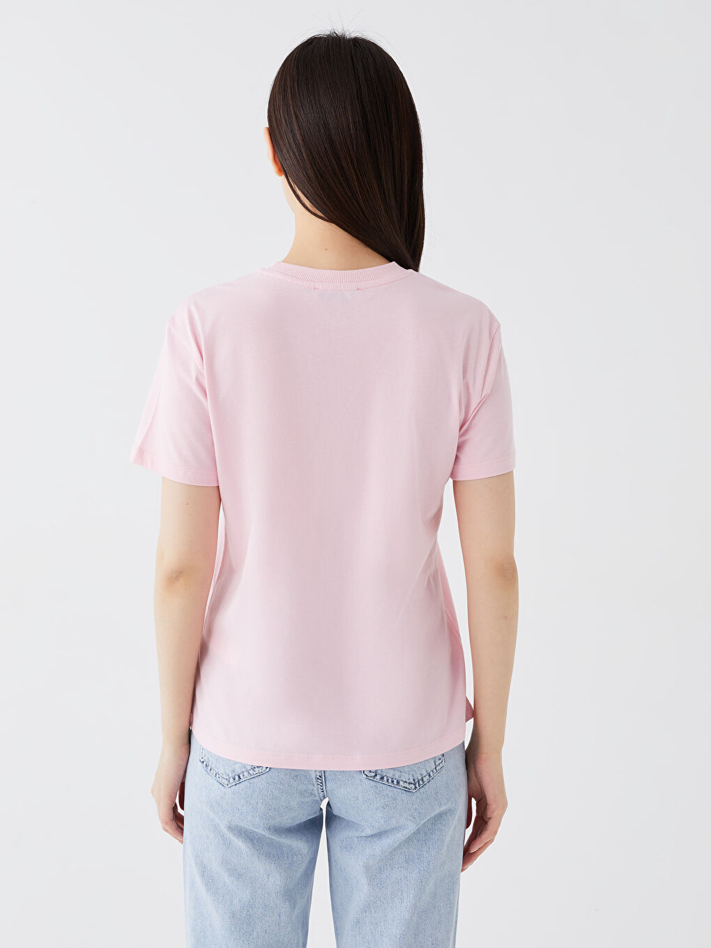Pembe Bisiklet Yaka Baskılı Kısa Kollu Kadın Tişört-4