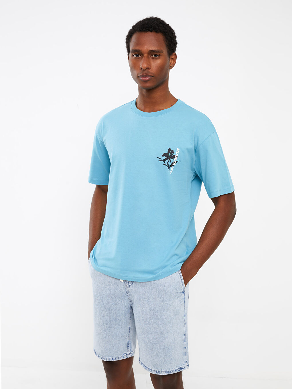 Mavi Bisiklet Yaka Kısa Kollu Baskılı Penye Erkek Tişört