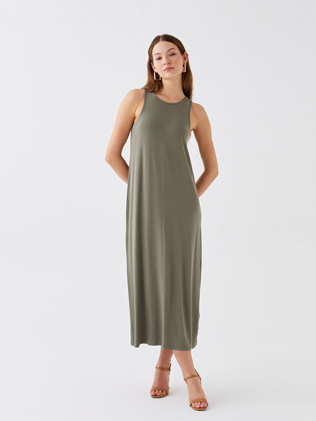 Yeşil Kadın Bisiklet Yaka Düz Elbise-1