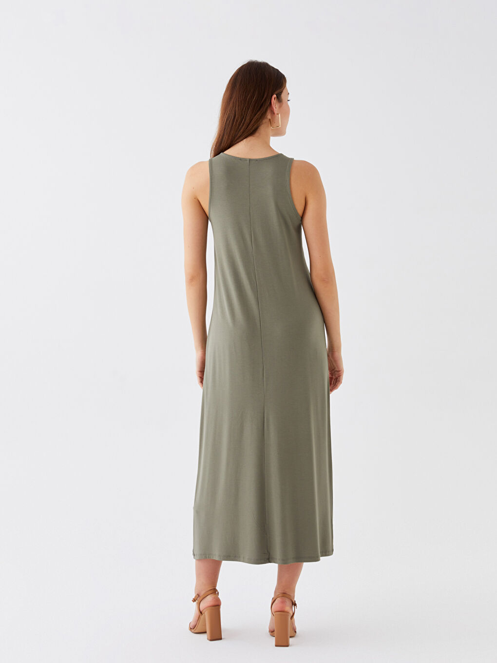 Yeşil Kadın Bisiklet Yaka Düz Elbise-4