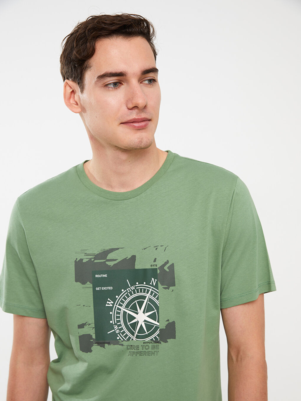 Yeşil Bisiklet Yaka Kısa Kollu Baskılı Penye Erkek Tişört