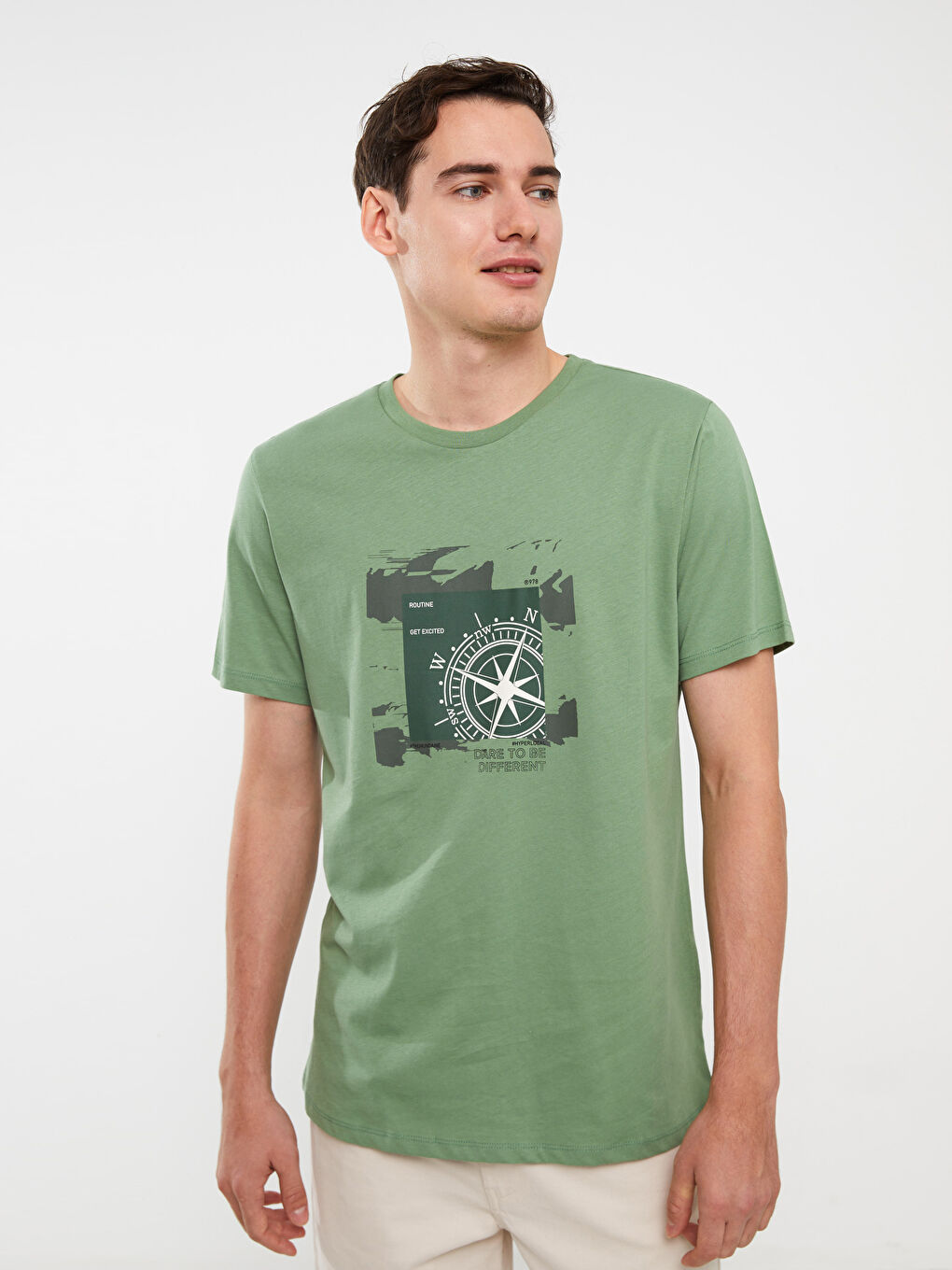Yeşil Bisiklet Yaka Kısa Kollu Baskılı Penye Erkek Tişört-1