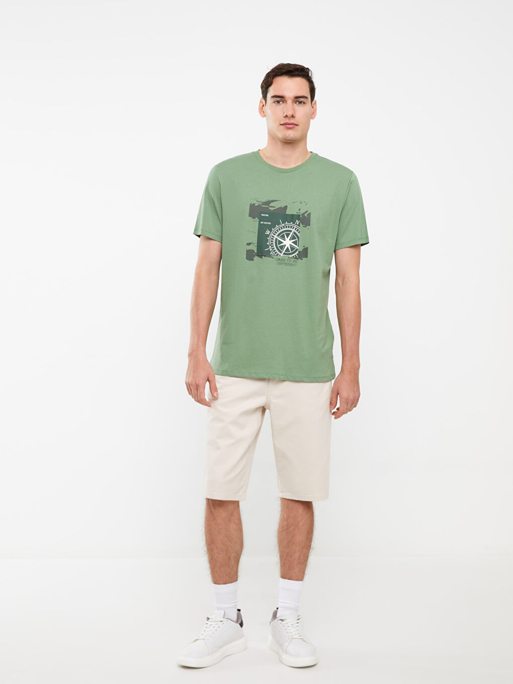 Yeşil Bisiklet Yaka Kısa Kollu Baskılı Penye Erkek Tişört-2