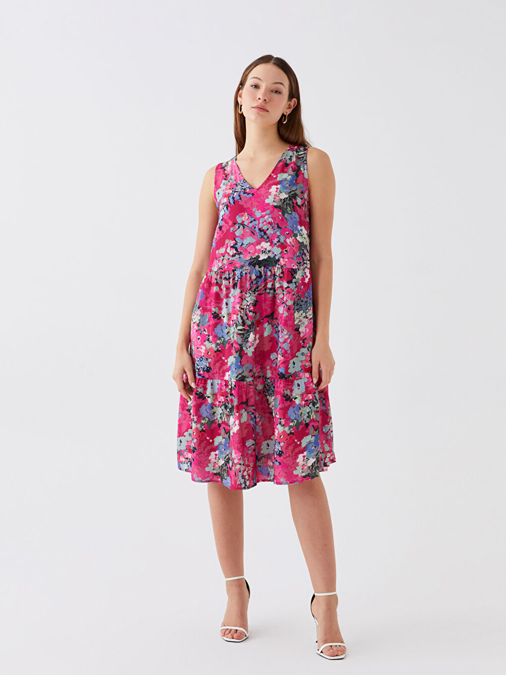 Pembe V Yaka Çiçekli Kadın Elbise-1