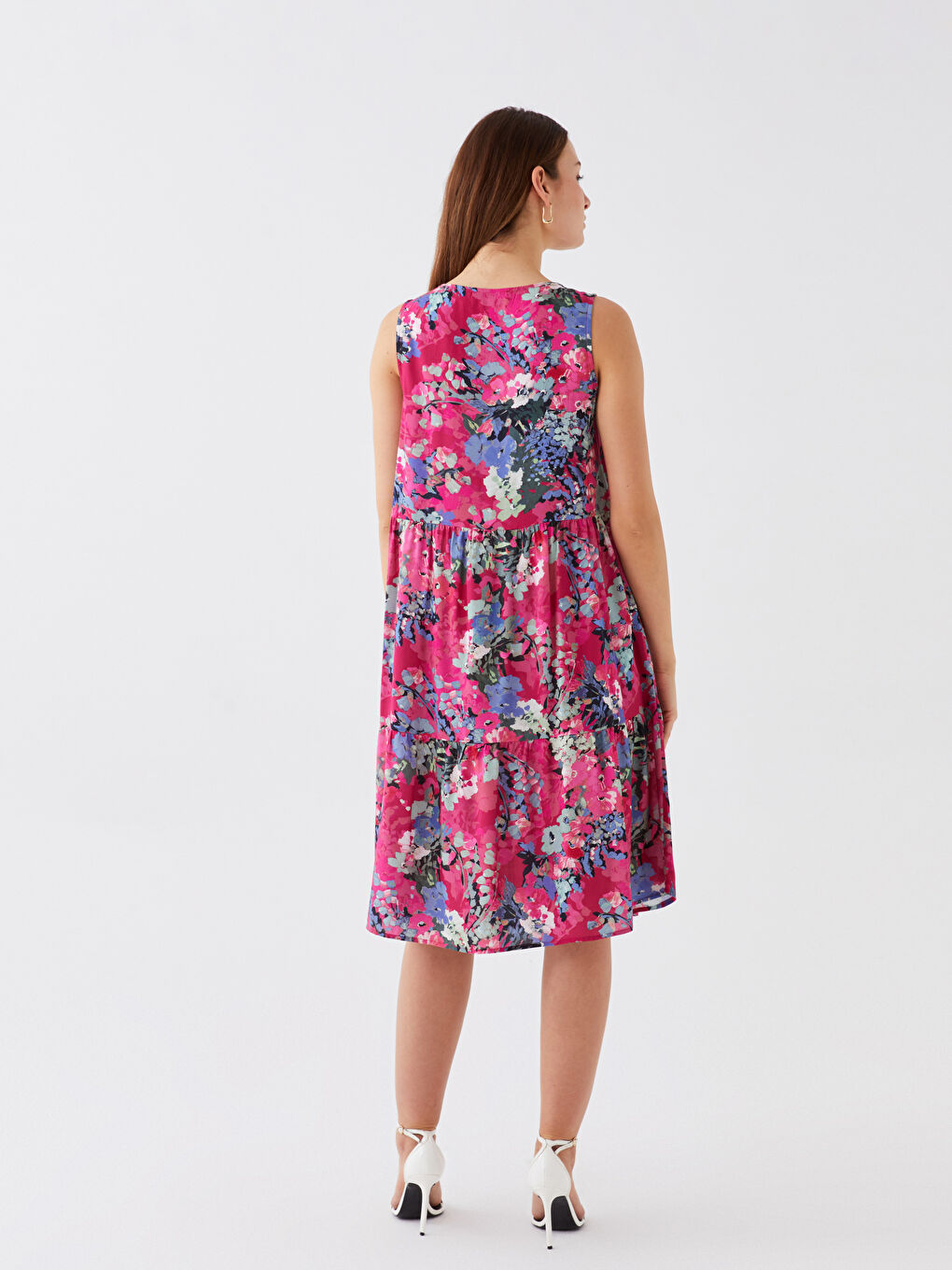 Pembe V Yaka Çiçekli Kadın Elbise-5