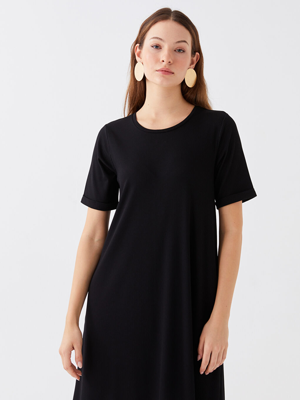 Siyah Bisiklet Yaka Düz Kısa Kollu Kadın Elbise-2