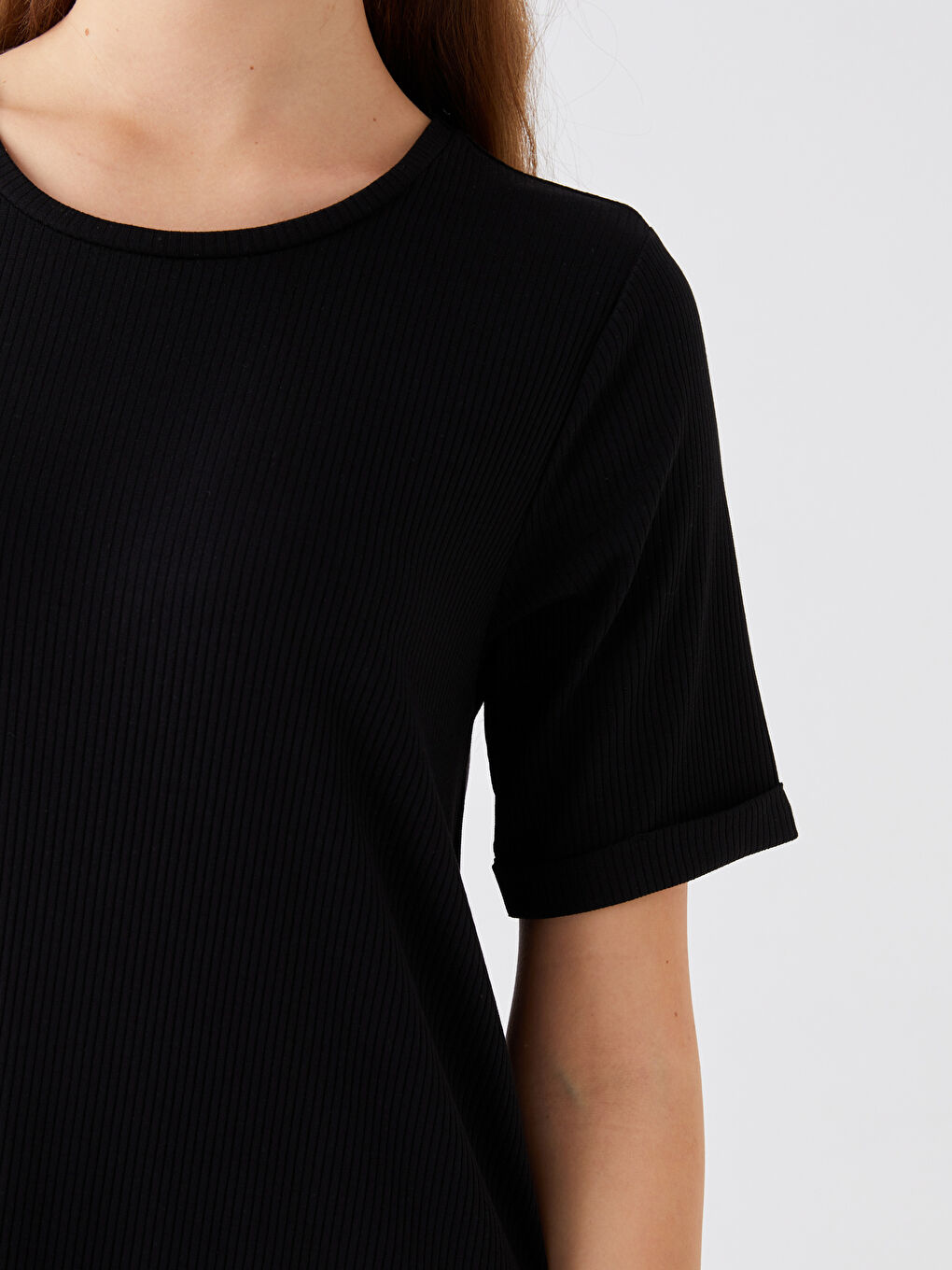 Siyah Bisiklet Yaka Düz Kısa Kollu Kadın Elbise-3