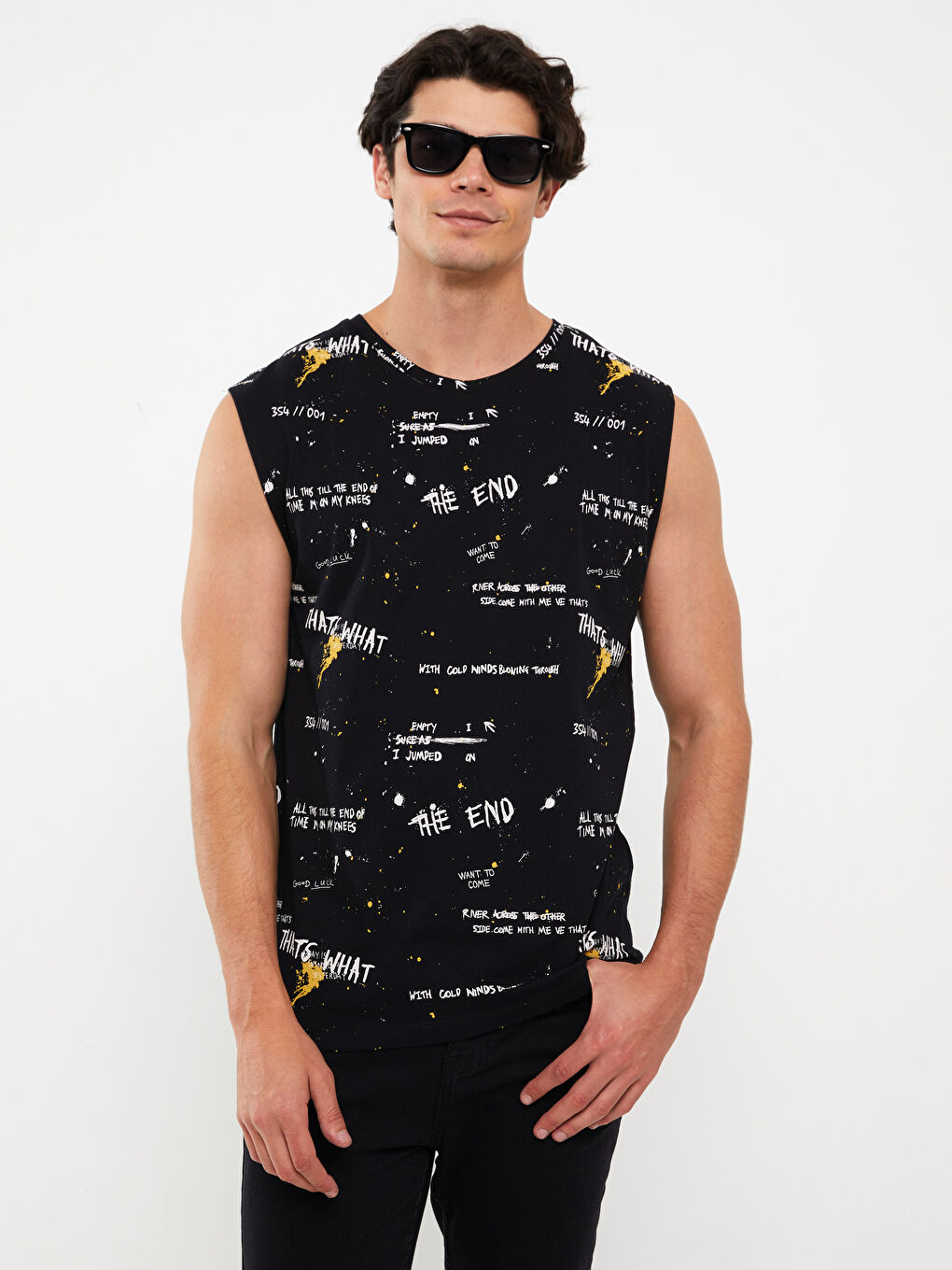 მრგვალი საყელო ნაბეჭდი ჟერსი მამაკაცის უმკლავო მაისური-2