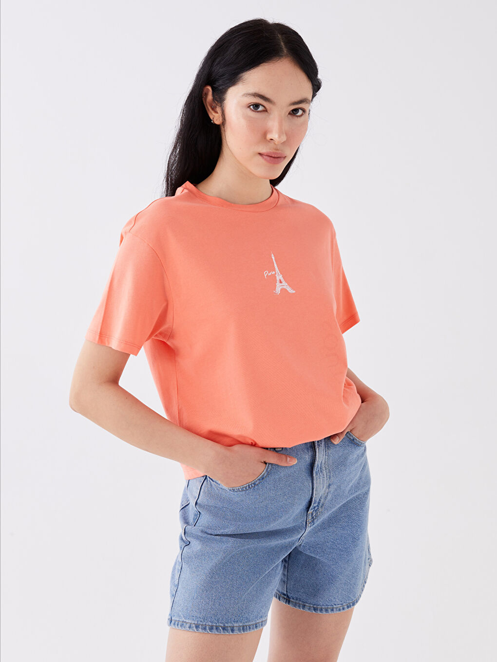 Mercan Bisiklet Yaka Baskılı Kısa Kollu Kadın Tişört-1