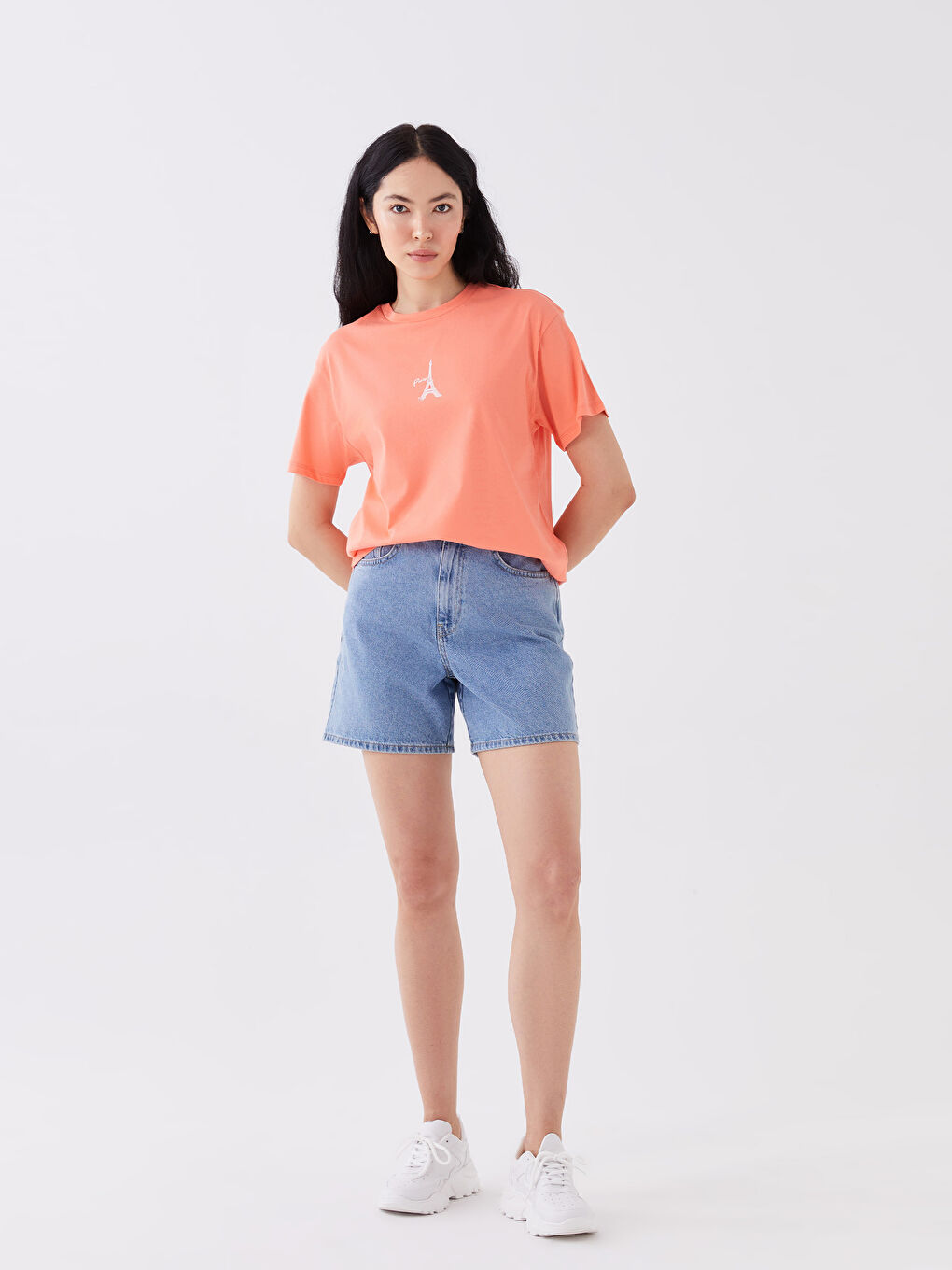 Mercan Bisiklet Yaka Baskılı Kısa Kollu Kadın Tişört-2