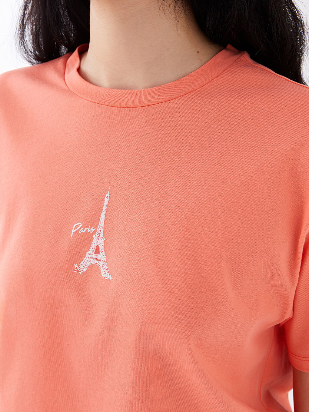 Mercan Bisiklet Yaka Baskılı Kısa Kollu Kadın Tişört-4