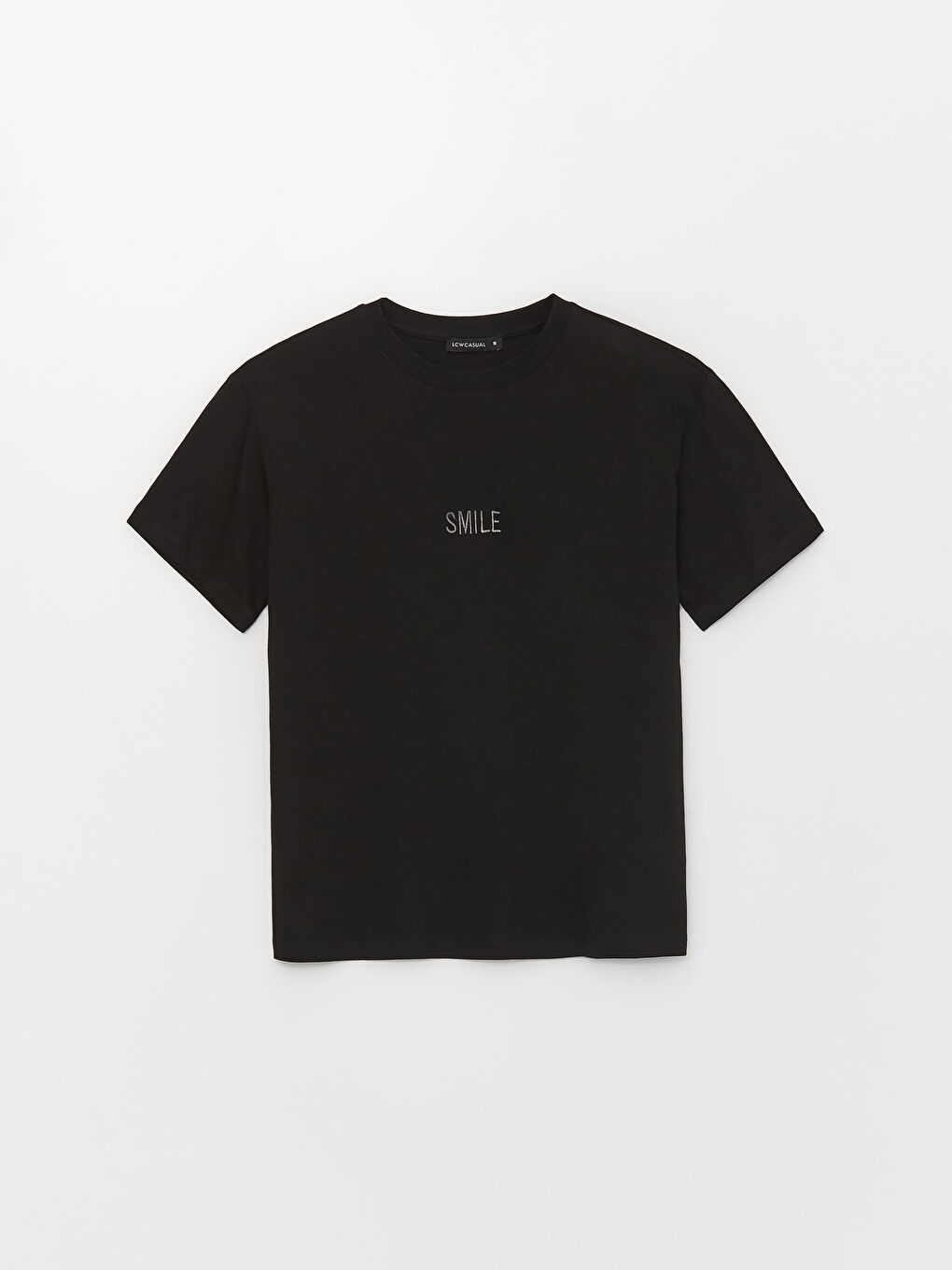 Siyah Bisiklet Yaka Baskılı Kısa Kollu Kadın Tişört-5