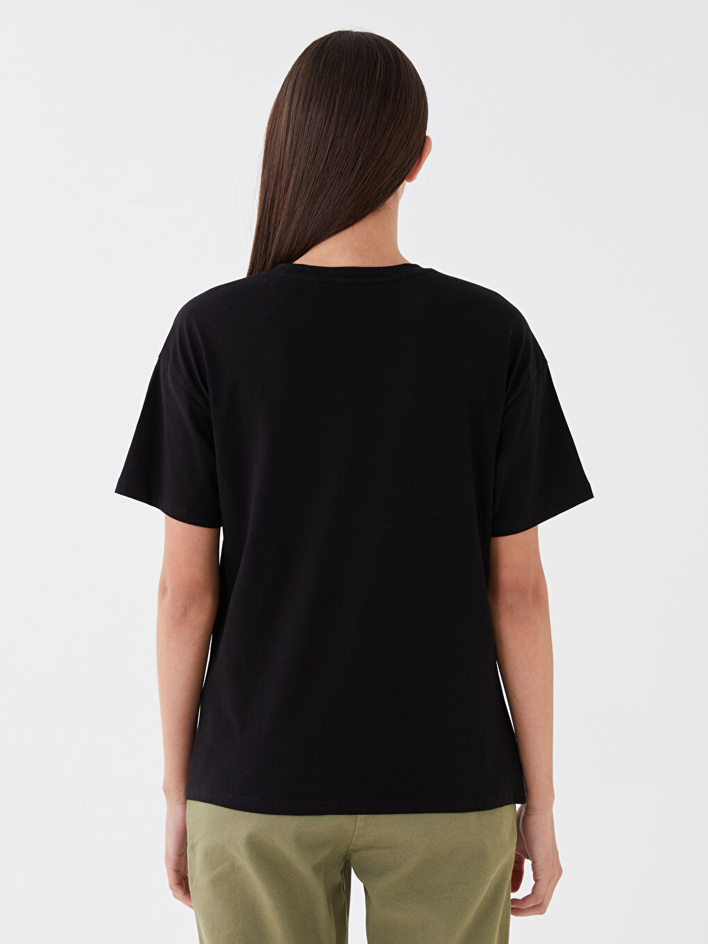 Siyah Bisiklet Yaka Baskılı Kısa Kollu Kadın Tişört-4